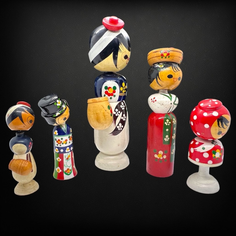 Vintage Korean & Japanese Kokeshi Bobble Head Dolls - Picture 2 of 13